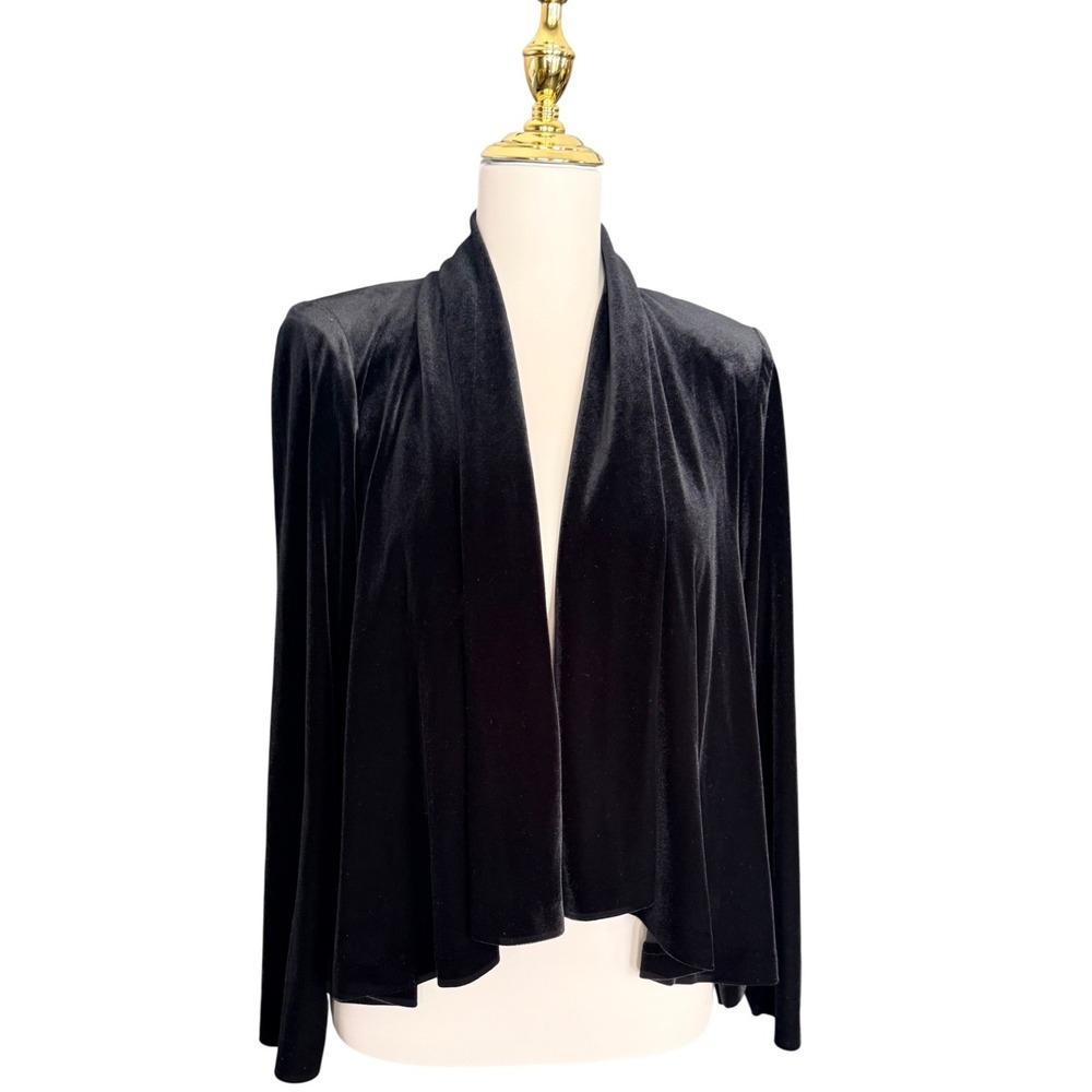 Alex Evenings Black Velvet Open Front Draped Shawl Collar Cardigan Small